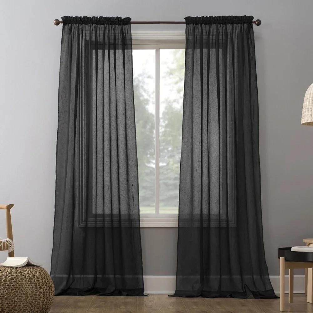 Pair 51x84 Black Crinkle Sheer Voile Curtain Panel